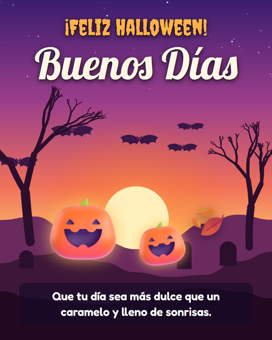 buenos dias feliz halloween con calabazas sonrientes al amanecer