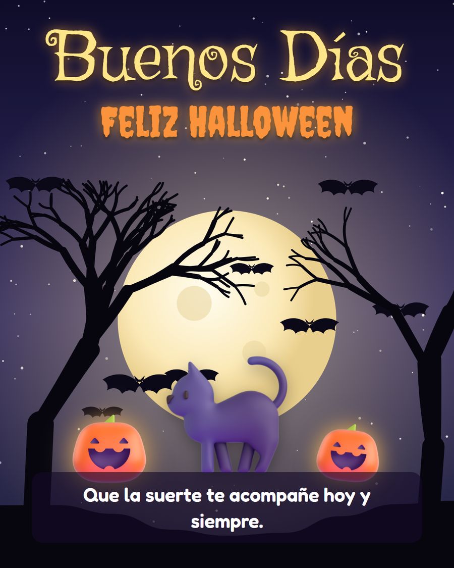 buenos dias halloween con gatito negro y luna llena