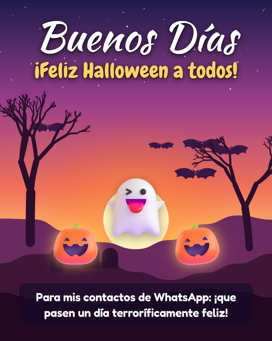 imagen de buenos dias halloween para whatsapp con fantasma y calabazas