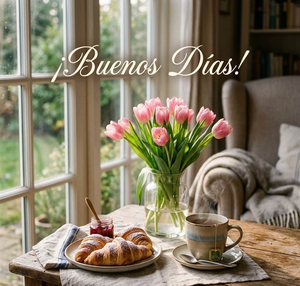 buenos dias imagen tulipanes y cafe