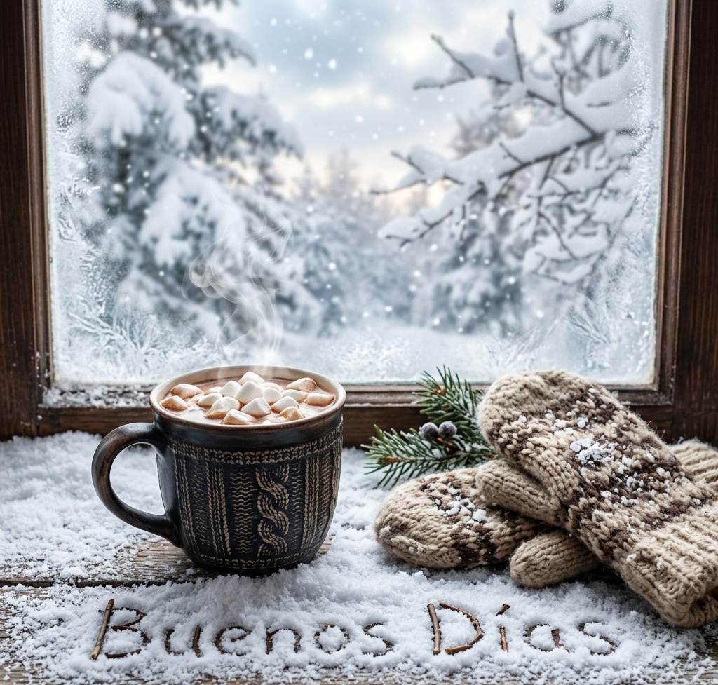 taza caliente buenos dias invierno en la nieve
