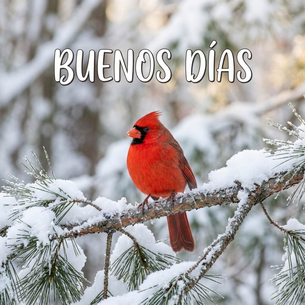pajaro rojo en rama nevada buenos dias invierno