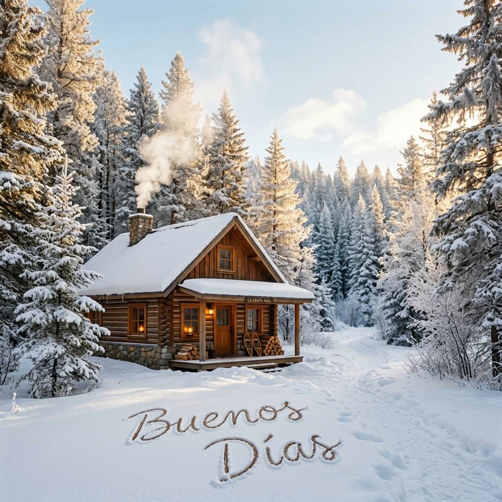Acogedora cabaña en bosque nevado al amanecer con texto Buenos Días en la nieve