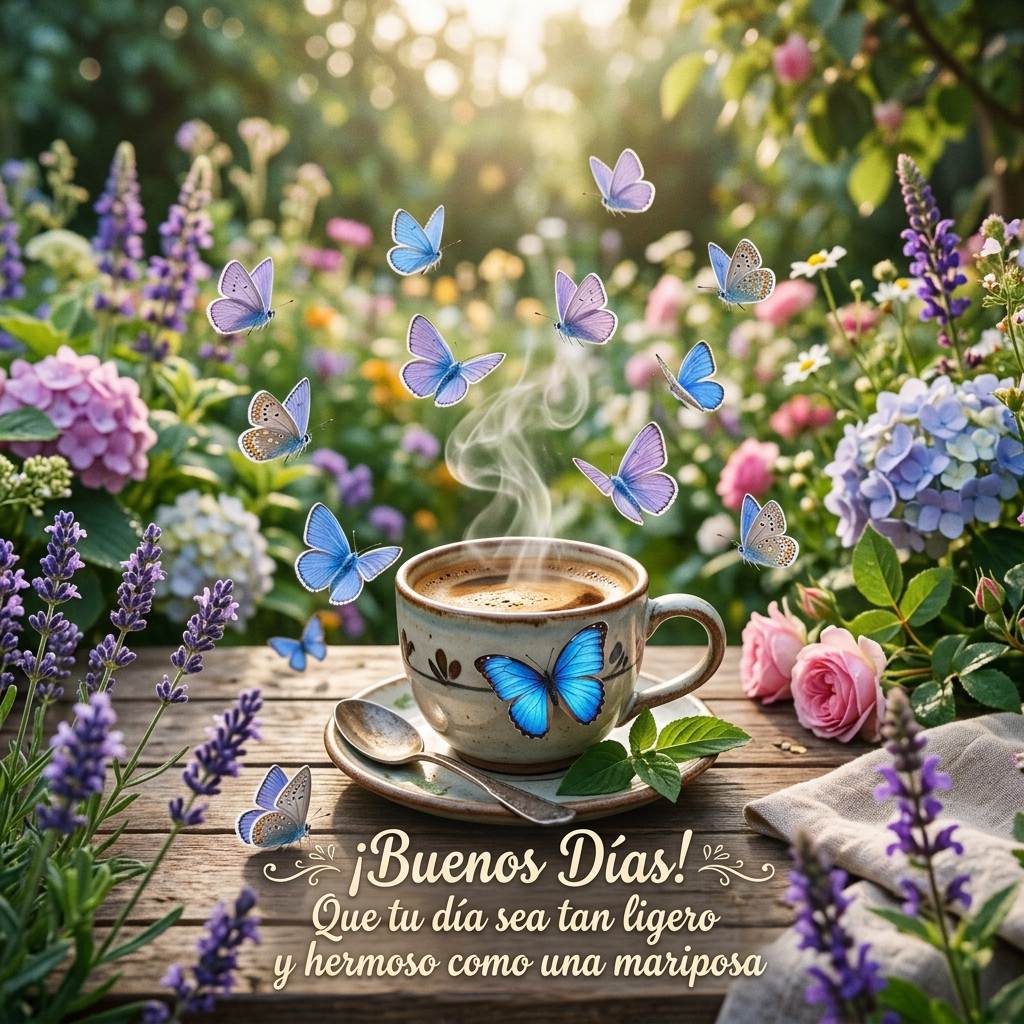 buenos dias con mariposas azules y cafe