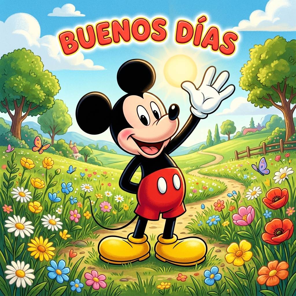 Mickey Mouse saludando alegremente en un campo soleado