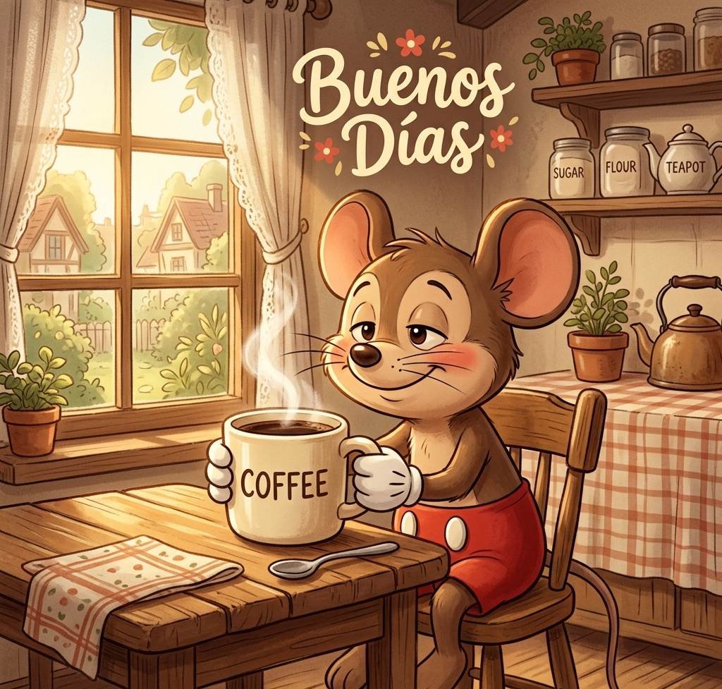 Mickey Mouse tomando café por la mañana