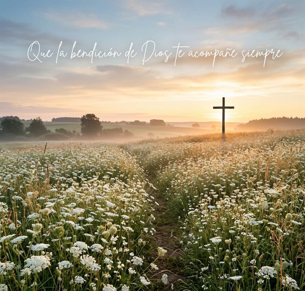 Campo de flores blancas con cruz al fondo y mensaje de bendición