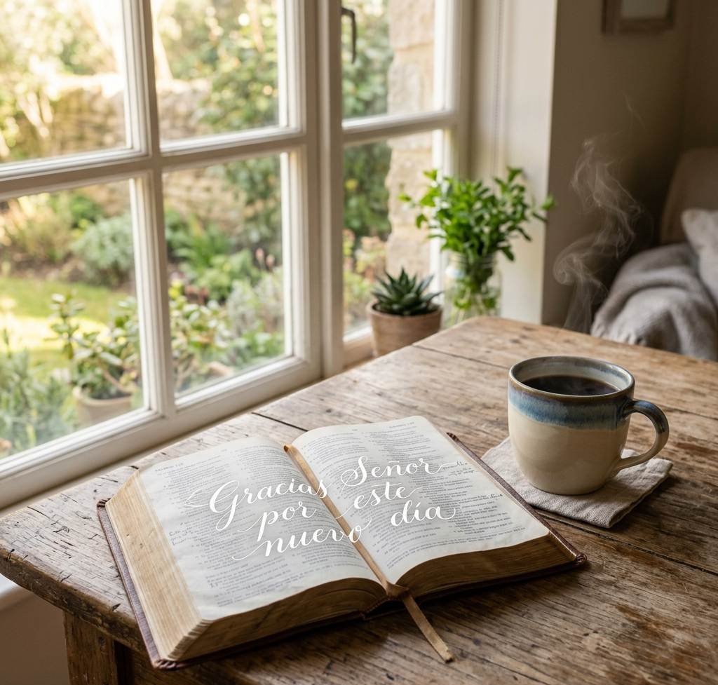 Biblia abierta con café y luz de mañana con oración de gracias