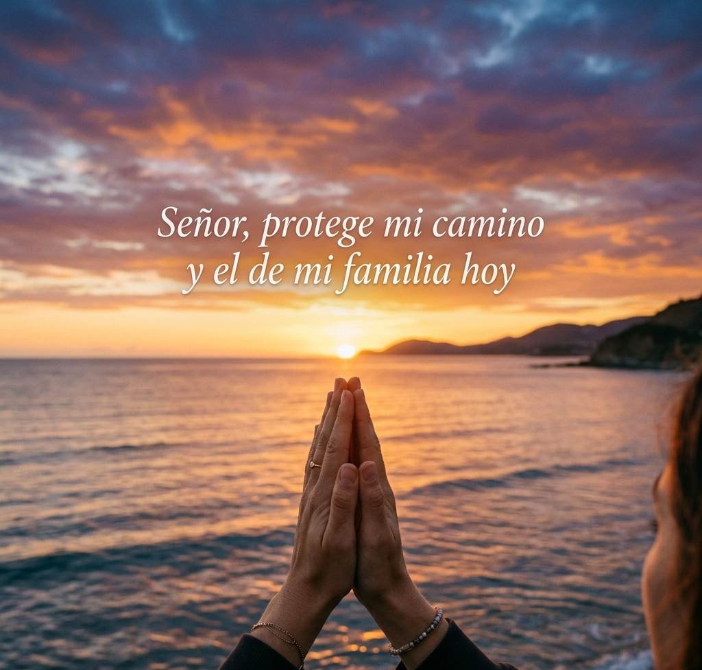 Manos en oración frente al amanecer con plegaria de protección