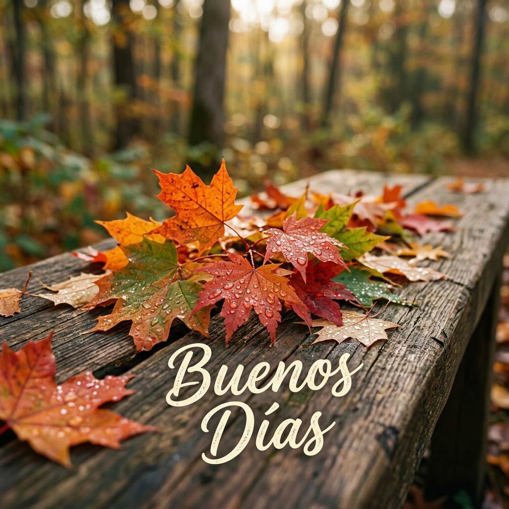 hojas secas de otoño buenos dias banco rustico