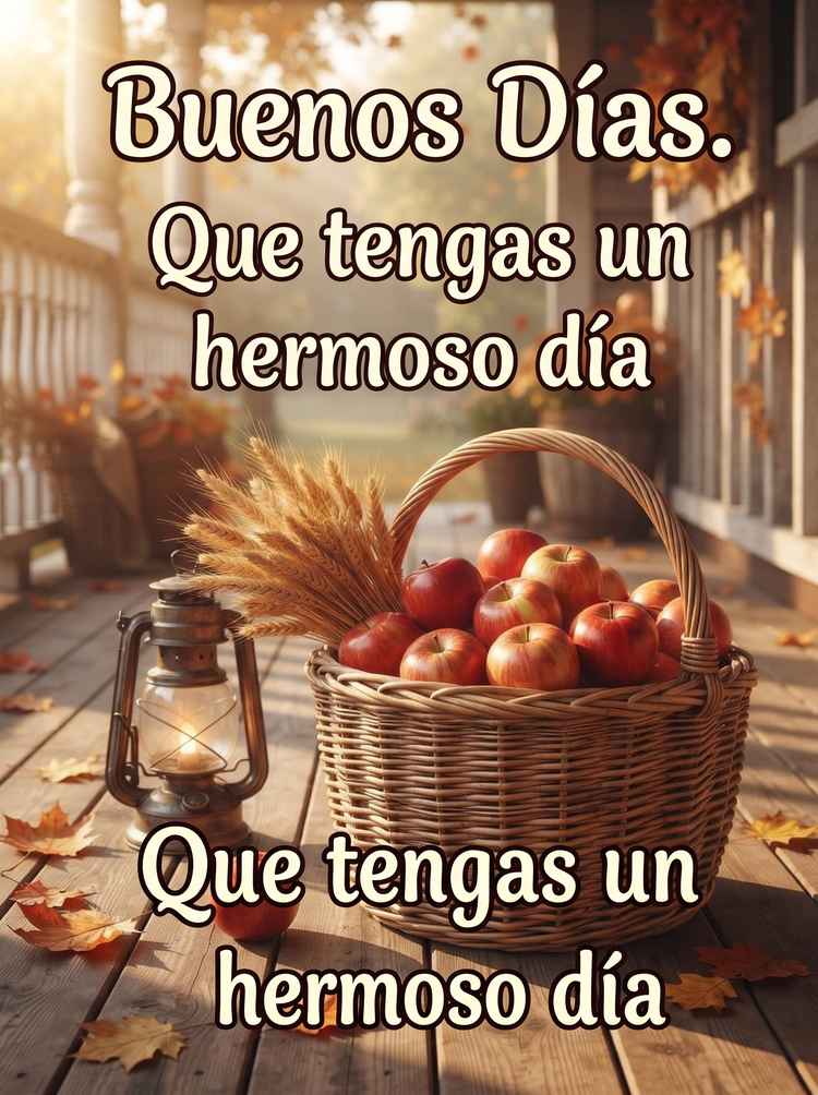Buenos dias otono cesta manzanas porche