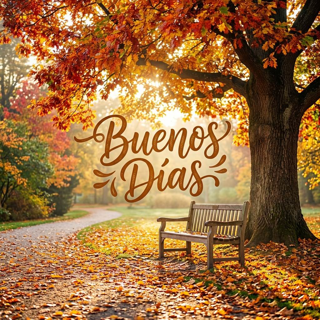 Parque otoñal con alfombra de hojas doradas y banco de madera con texto Buenos Días