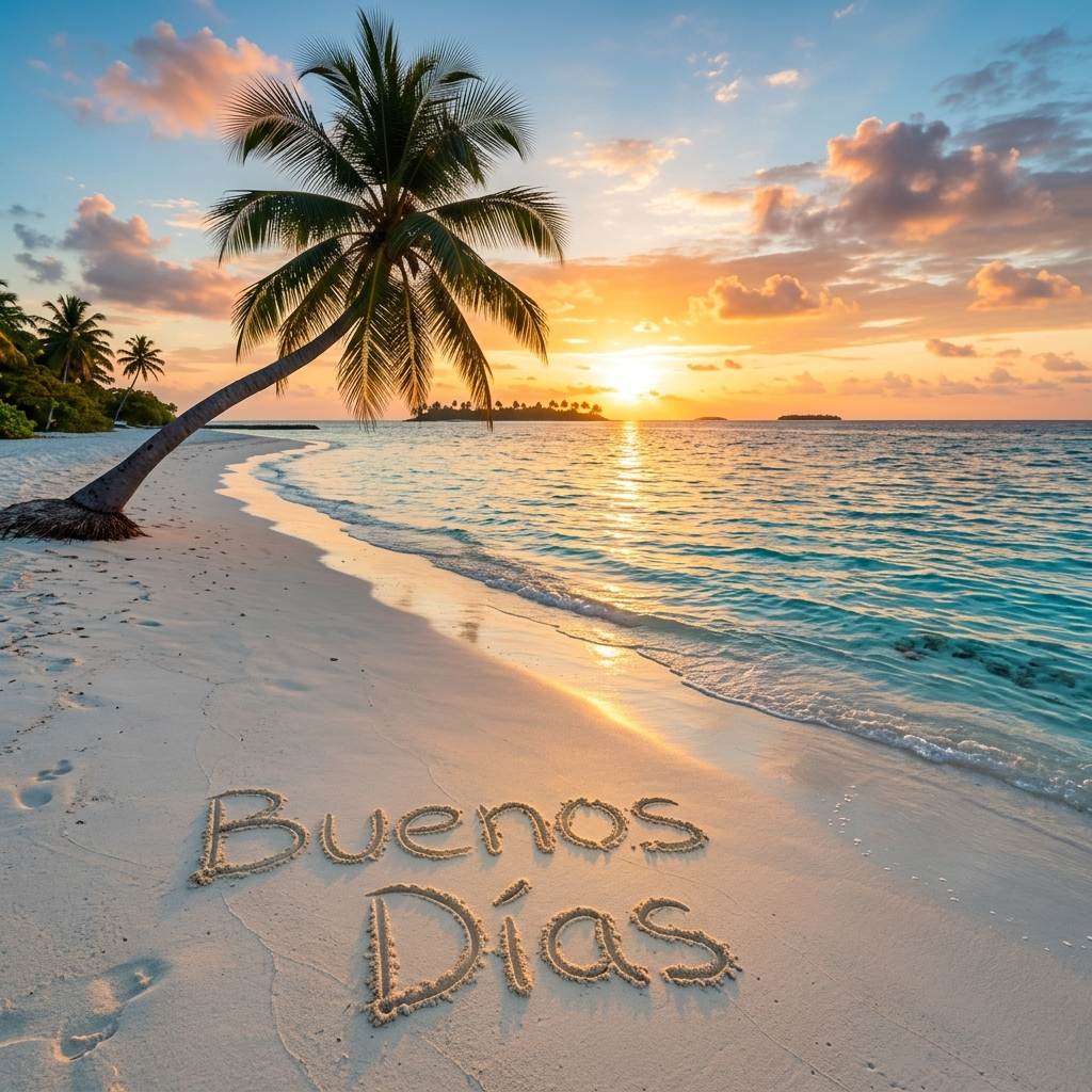 Sereno amanecer en playa tropical con arena blanca y texto Buenos Días en la arena