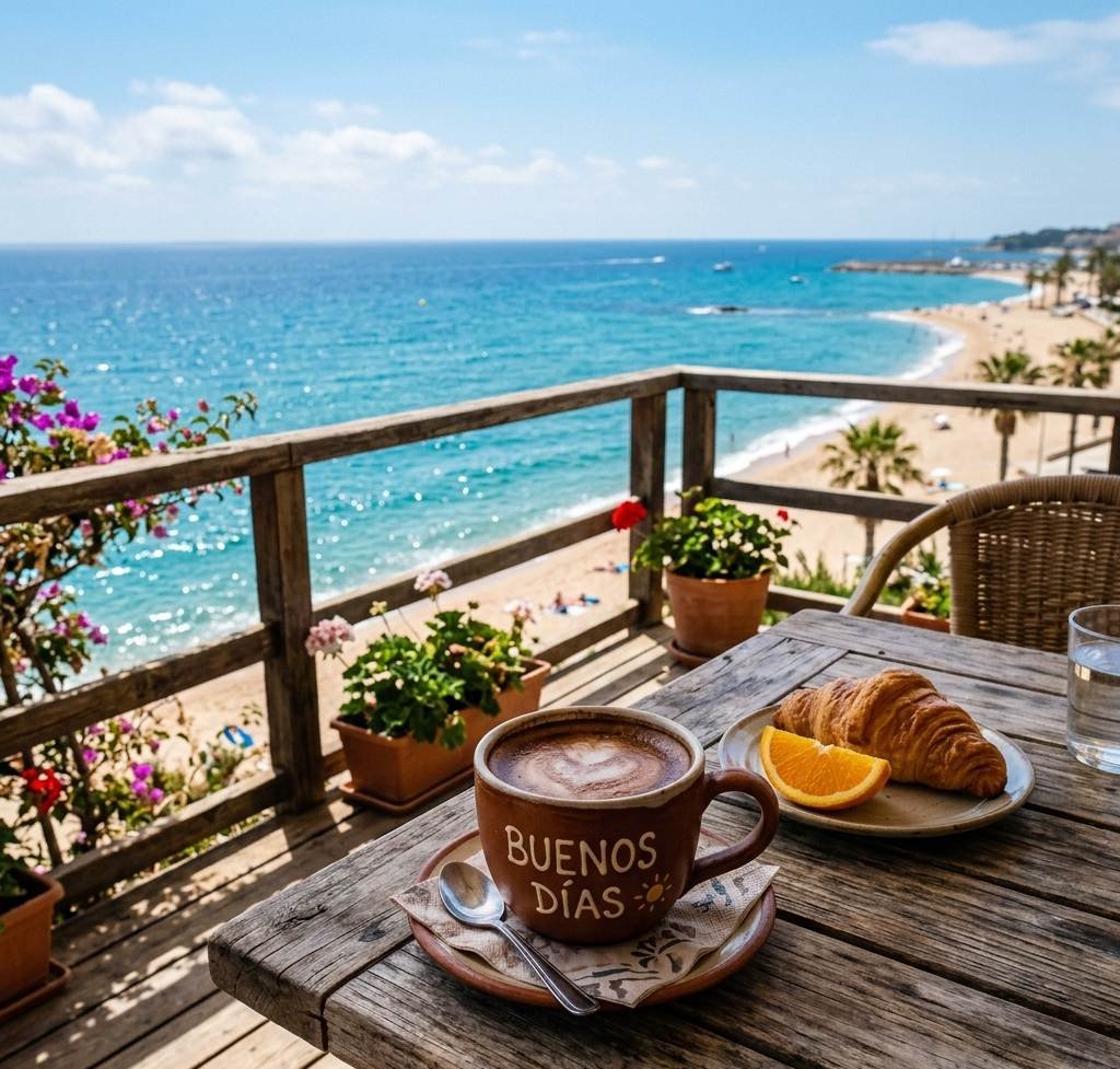 buenos dias playa con una taza de cafe frente al mar