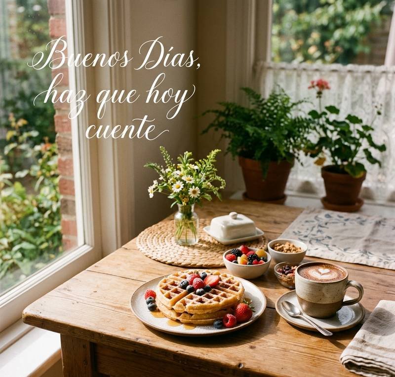 buenos dias positivos desayuno ventana luz sol