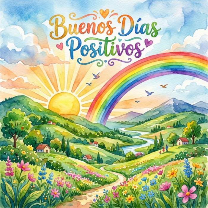 buenos dias positivos acuarela sol colinas pajaros