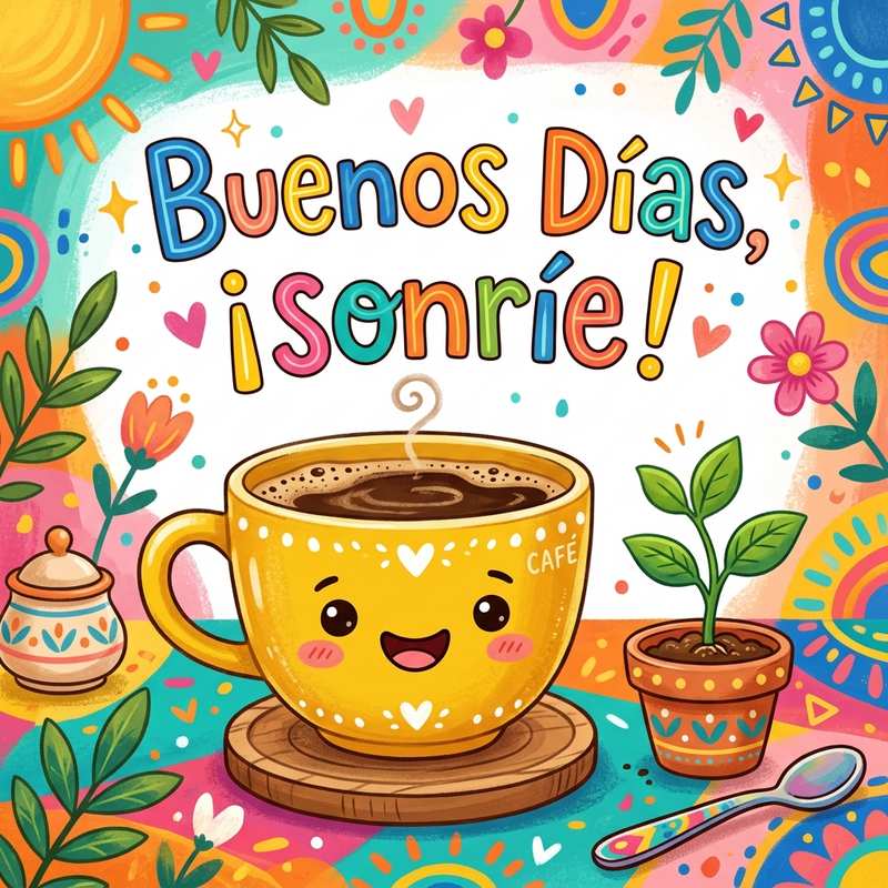 buenos dias positivos taza sonriente planta