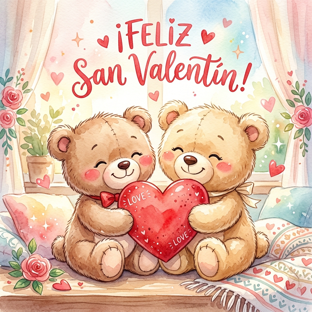 buenos dias san valentin ositos corazones acuarela