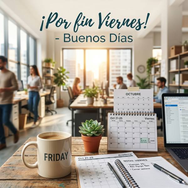 buenos dias viernes escritorio taza por fin viernes
