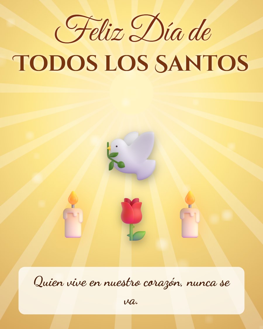 feliz dia de todos los santos con paloma velas y rosa