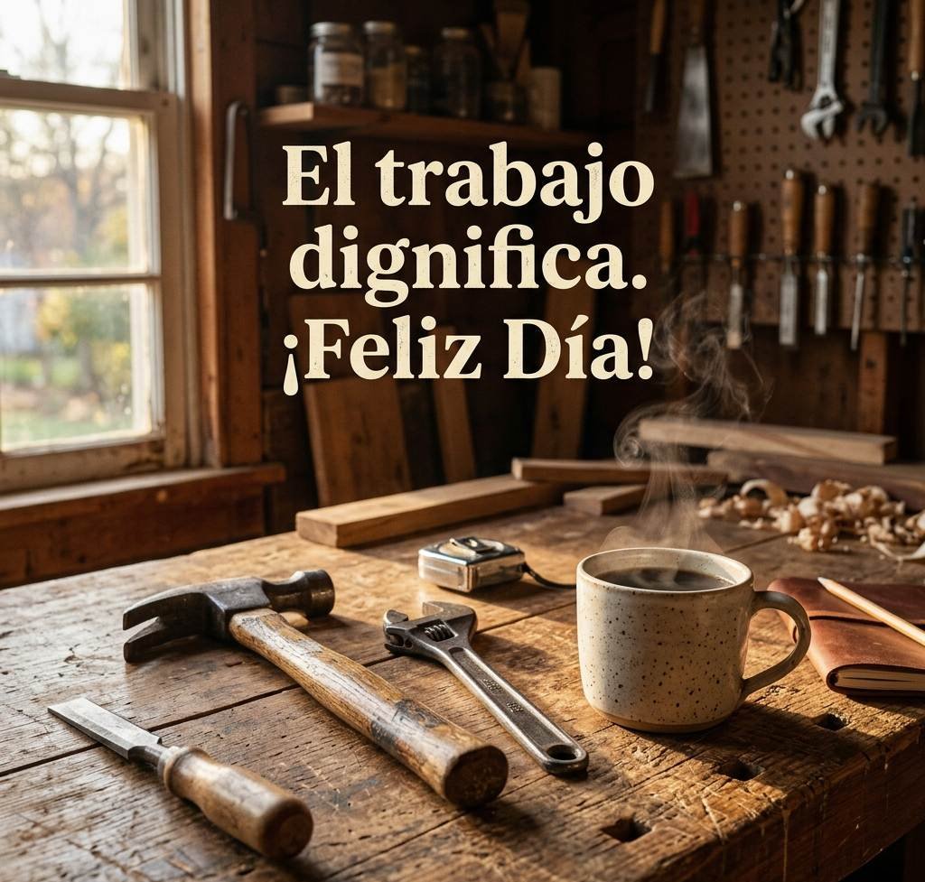 Banco de trabajo con herramientas y mensaje El trabajo dignifica