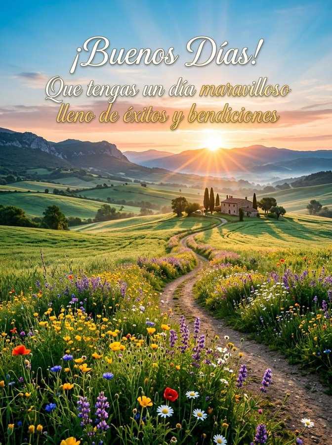 saludos de buenos dias alegres con paisaje amanecer campestre