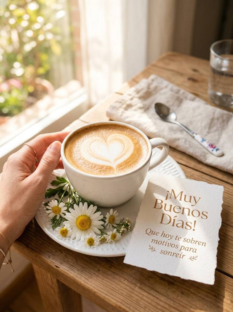 saludo de buenos dias con cafe arte latte y flores